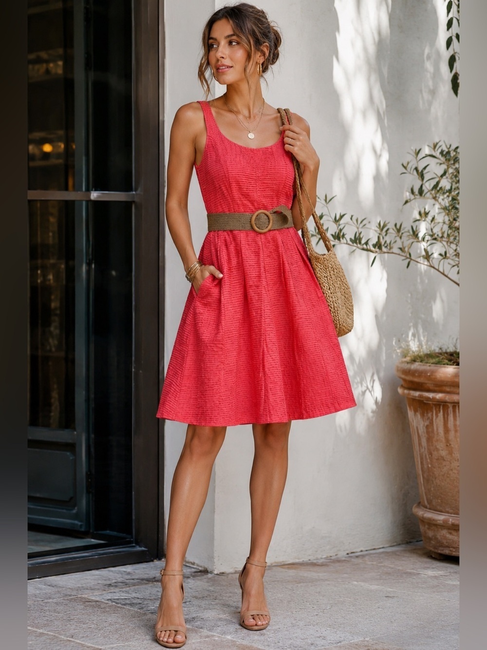 Nine West Coral Textured Fit & Flare With Pockets Belted Summer Sundress Size 8